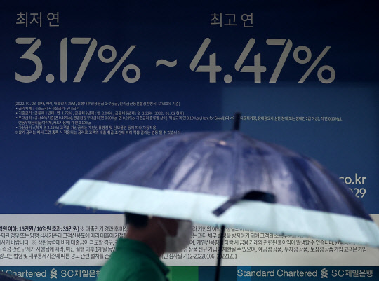 23일 오후 서울의 한 시중은행 앞에 붙은 대출 상품 홍보 현수막의 모습. <연합뉴스>